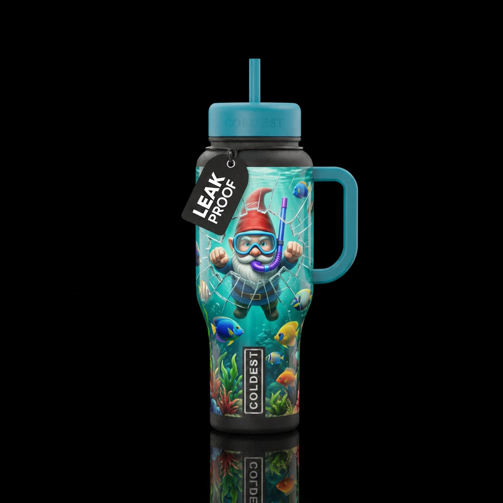 Gnome in snorkel gear trying to break out of the b... water bottle design