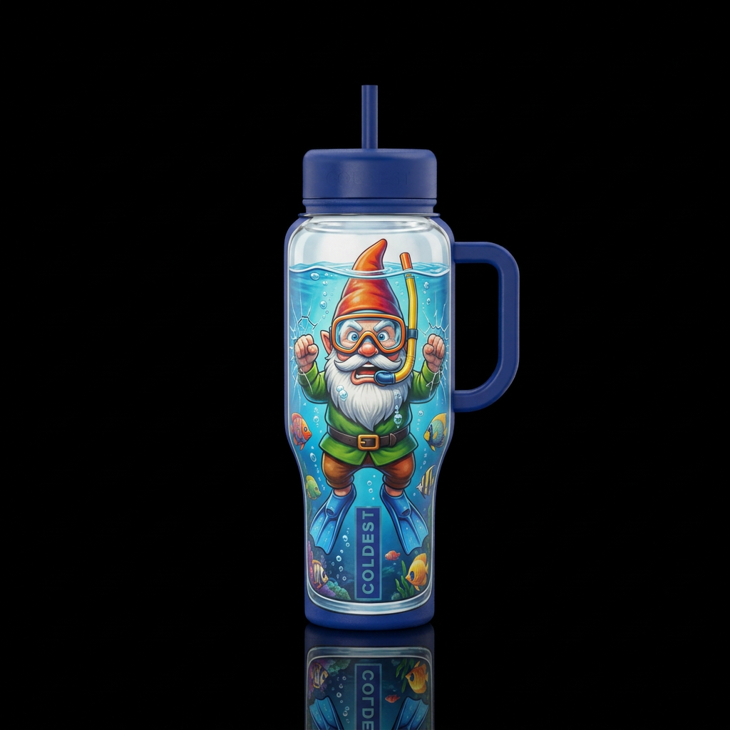 Gnome in snorkel gear trying to break out of the b... water bottle design