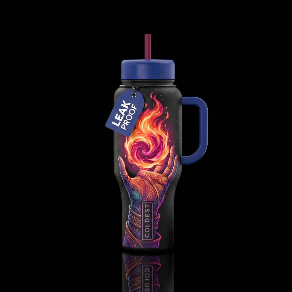 Mage hand with fireball floating over the palm water bottle design