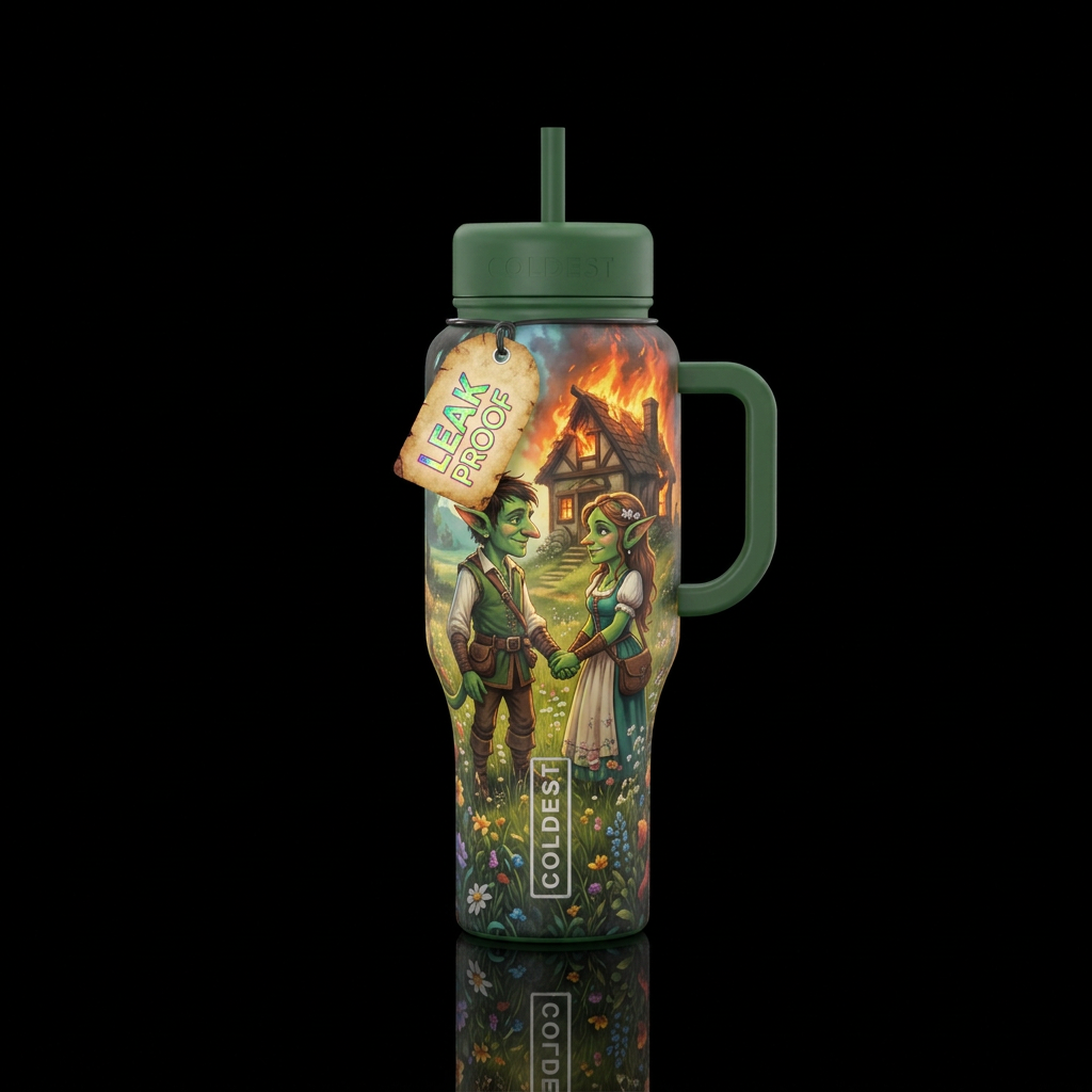 Male and female goblins in love holding hands in a... water bottle design