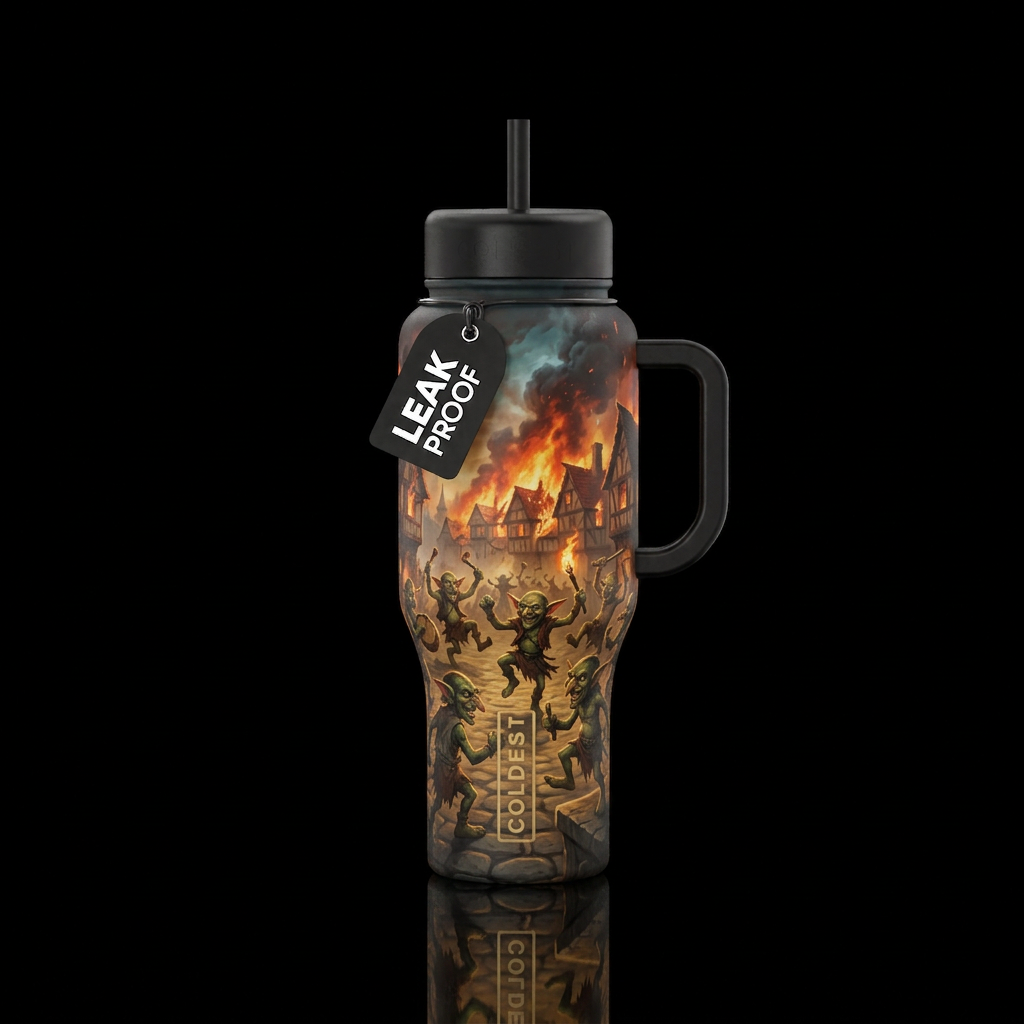 Dancing Goblins in front of a burning village water bottle design