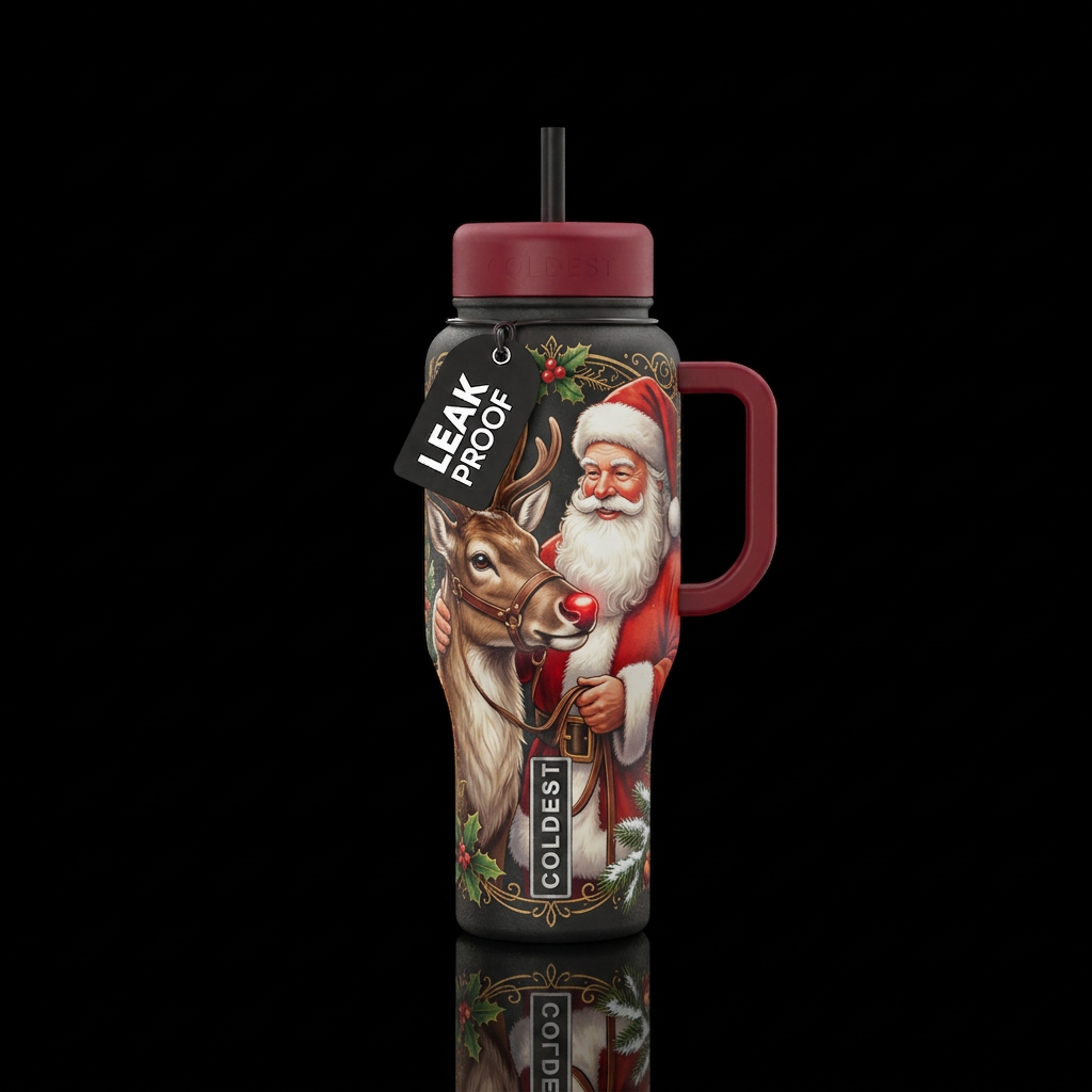 Santa holding Rudolph's reigns patting his muzzle water bottle design
