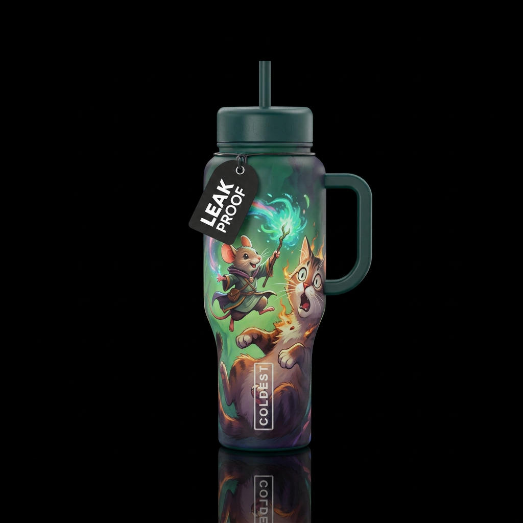 Mouse mage fighting off a surprised Cat water bottle design