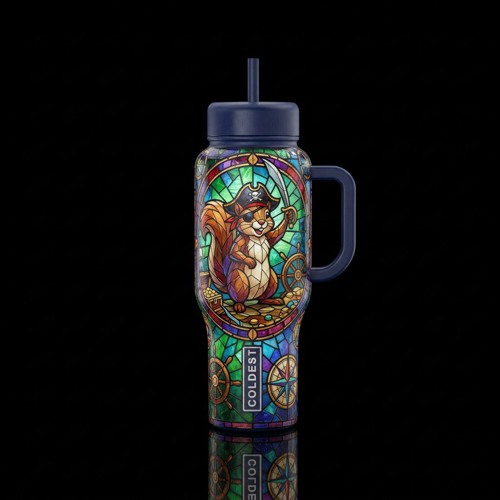 Stained glass  triumphant pirate squirrel water bottle design