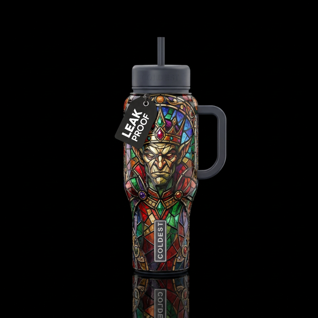 Stained glass Goblin King water bottle design