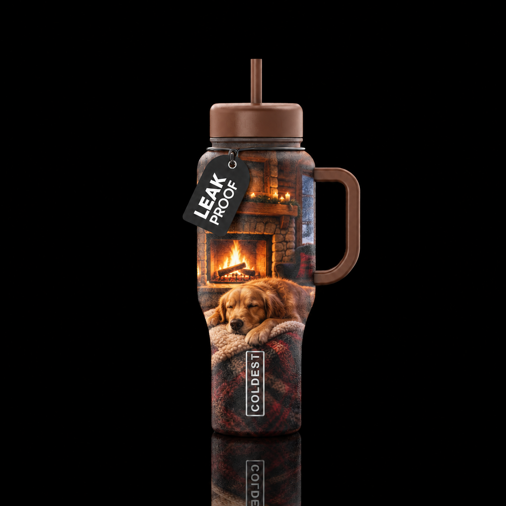Dog asleep in front of a cozy fireplace water bottle design