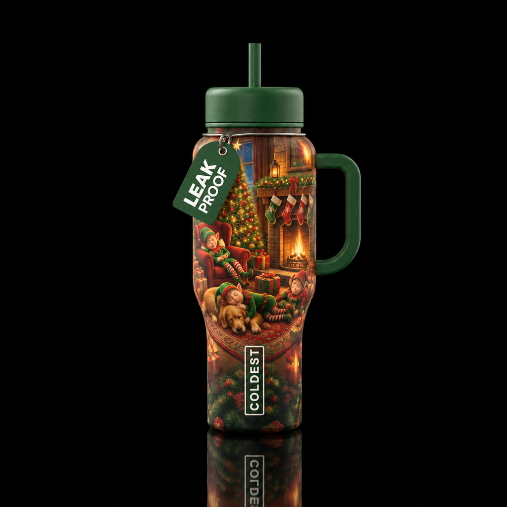 Christmas elves asleep around a living room with f... water bottle design