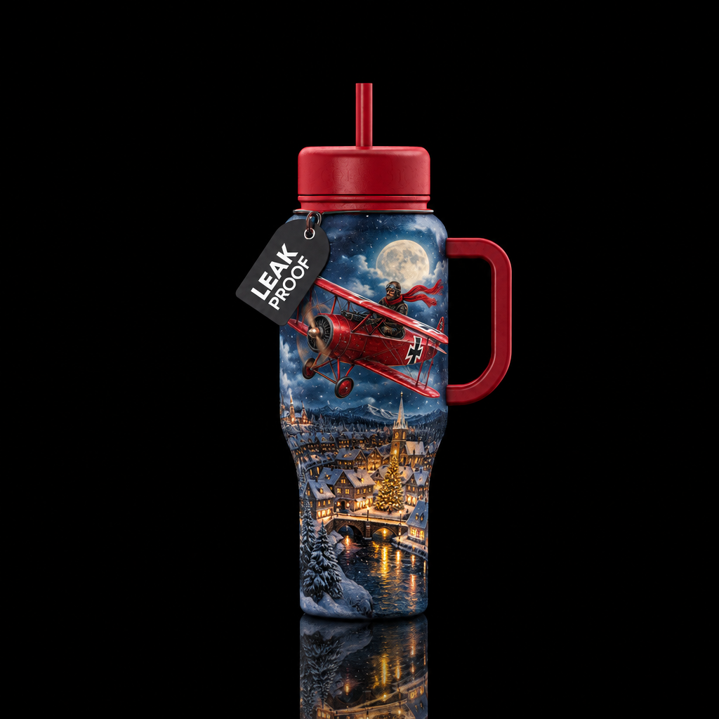 Red Baron flying over town at Christmas time water bottle design