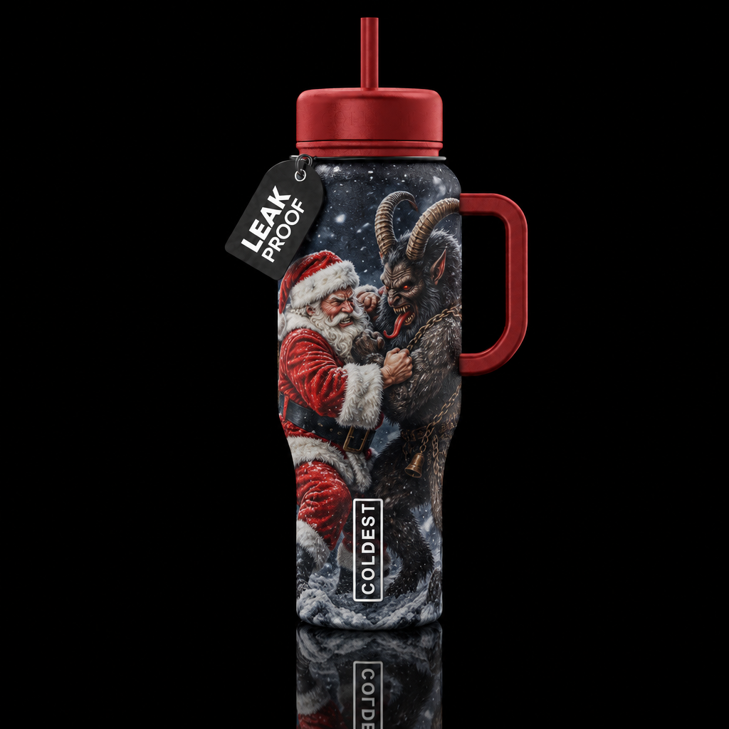 Santa and Krampus wrestling water bottle design