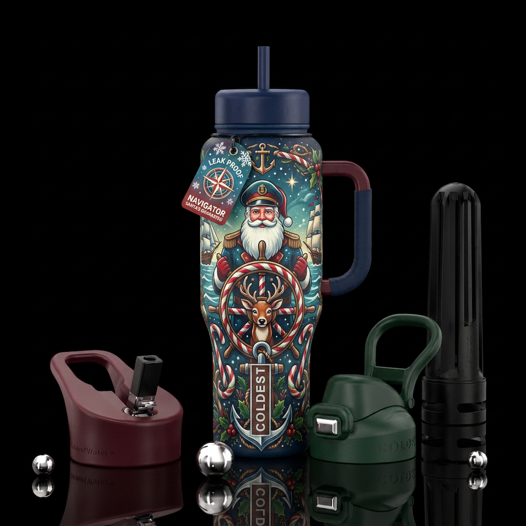 Nautical Santa on ship with Rudolph helm water bottle design