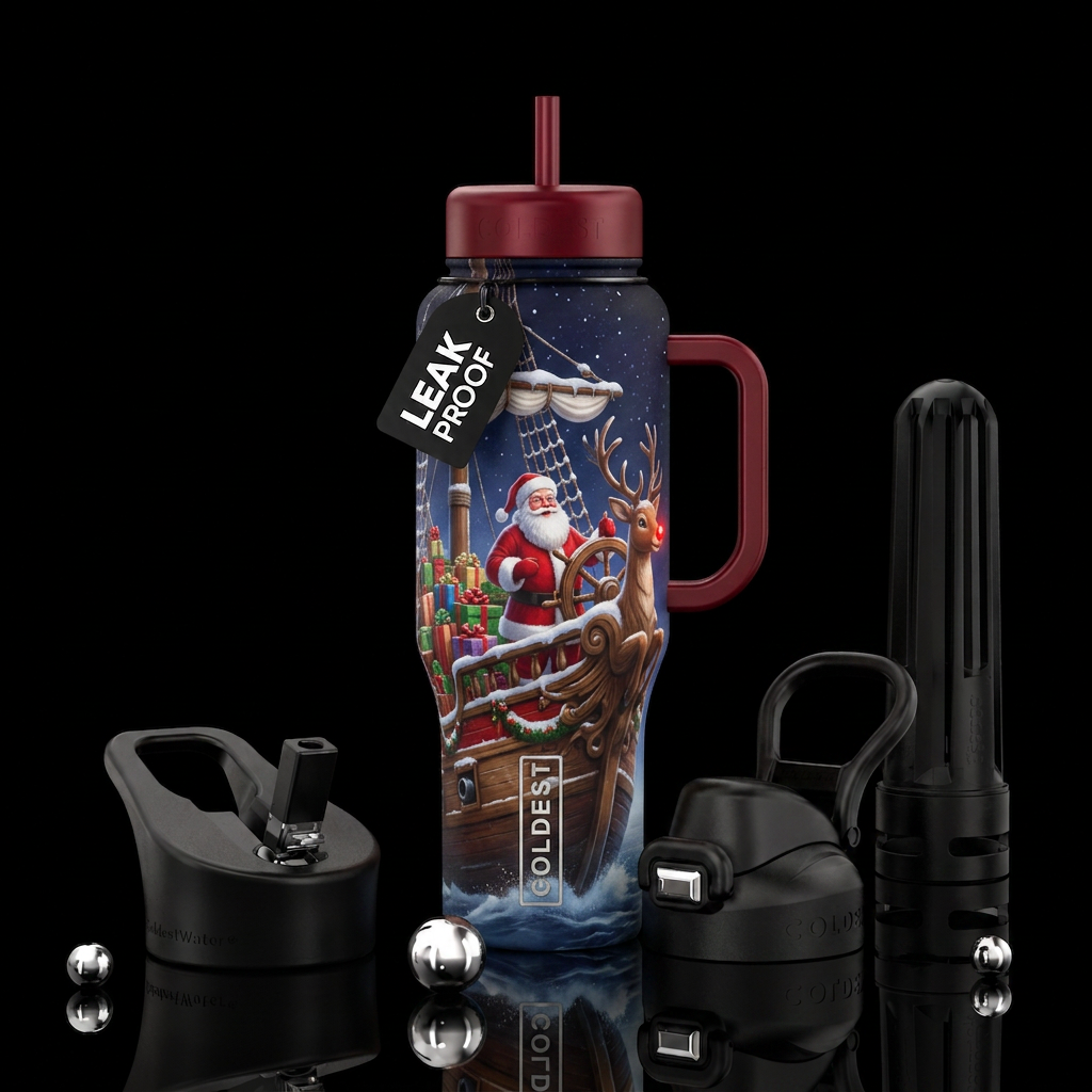 Santa on a ship.  Rudolph is carved into the ship ... water bottle design