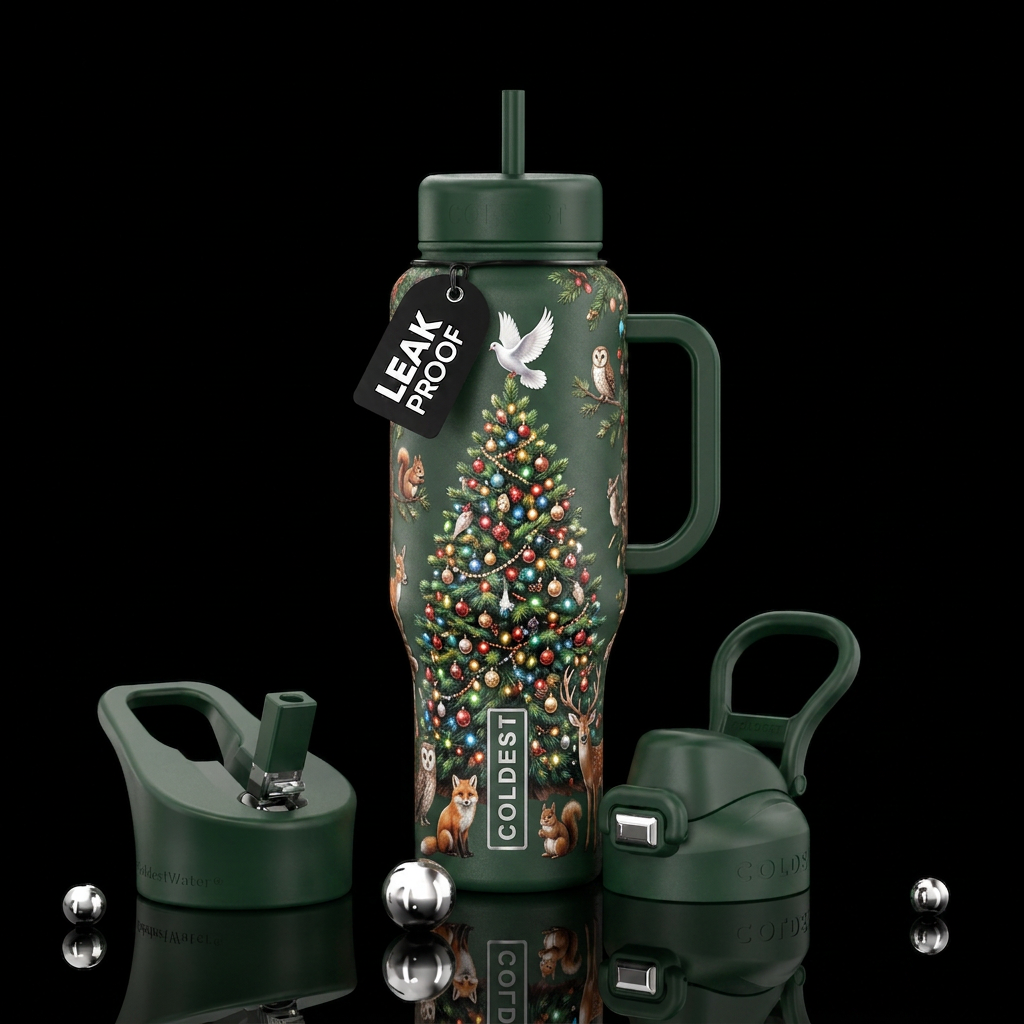 Christmas tree topped with. White dove.  Tiny wood... water bottle design