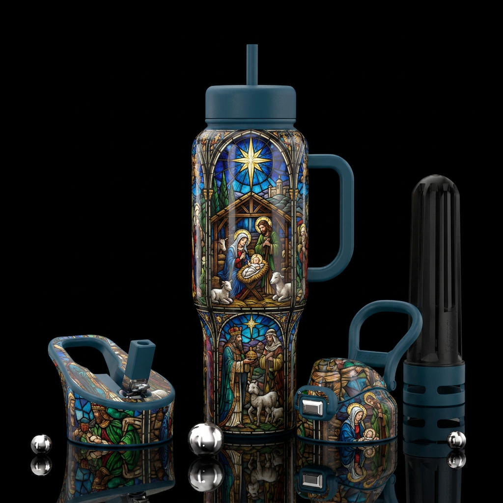 Stained glass nativity scene water bottle design