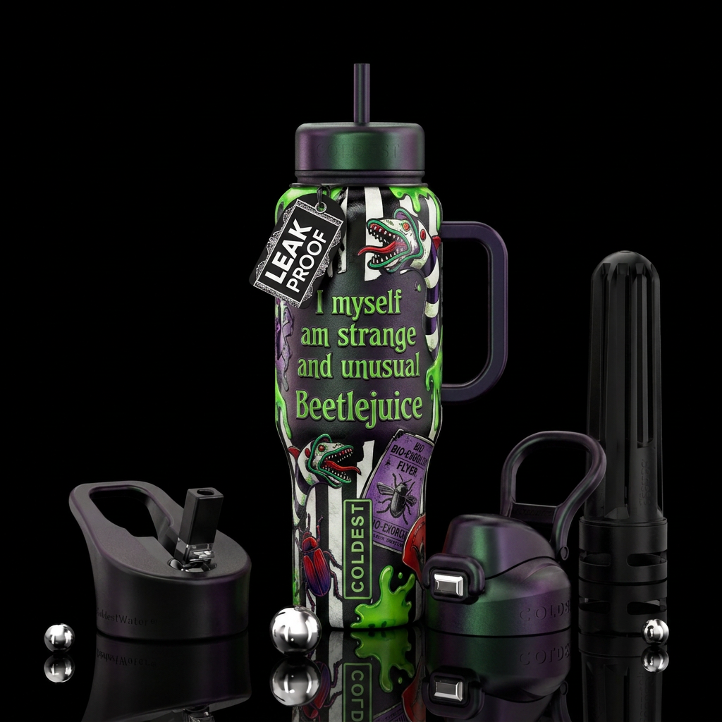 “I myself am strange and unusual” beetlejuice water bottle design