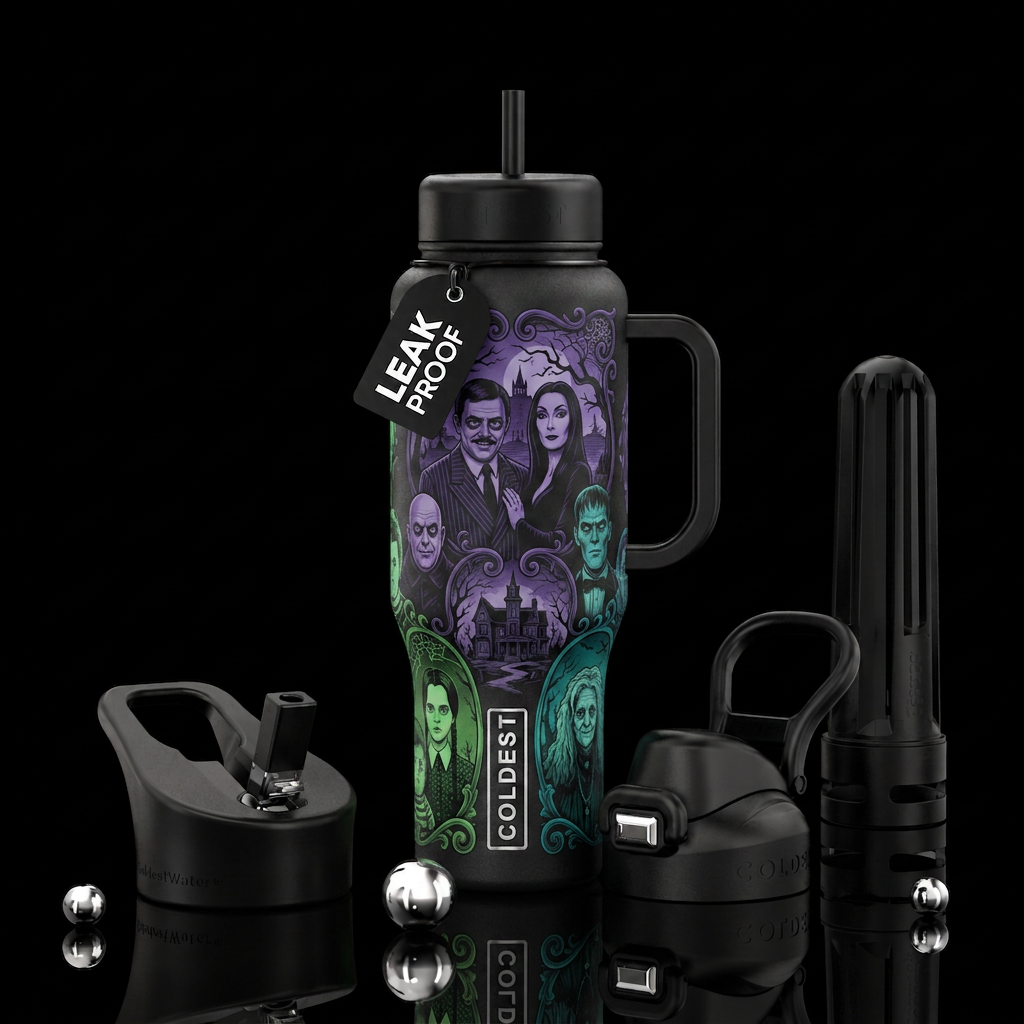 The Adam’s Family monochromatic water bottle design