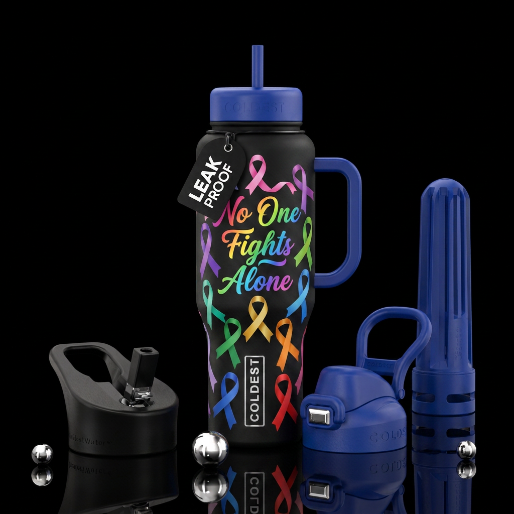 “No One Fights Alone”  in Rainbow Script surrounde... water bottle design