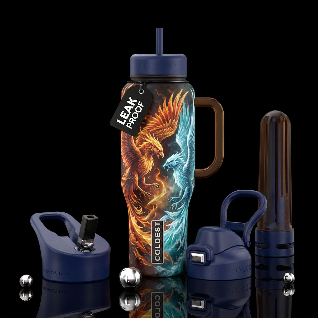 Fire Phoenix and ice Phoenix battle water bottle design