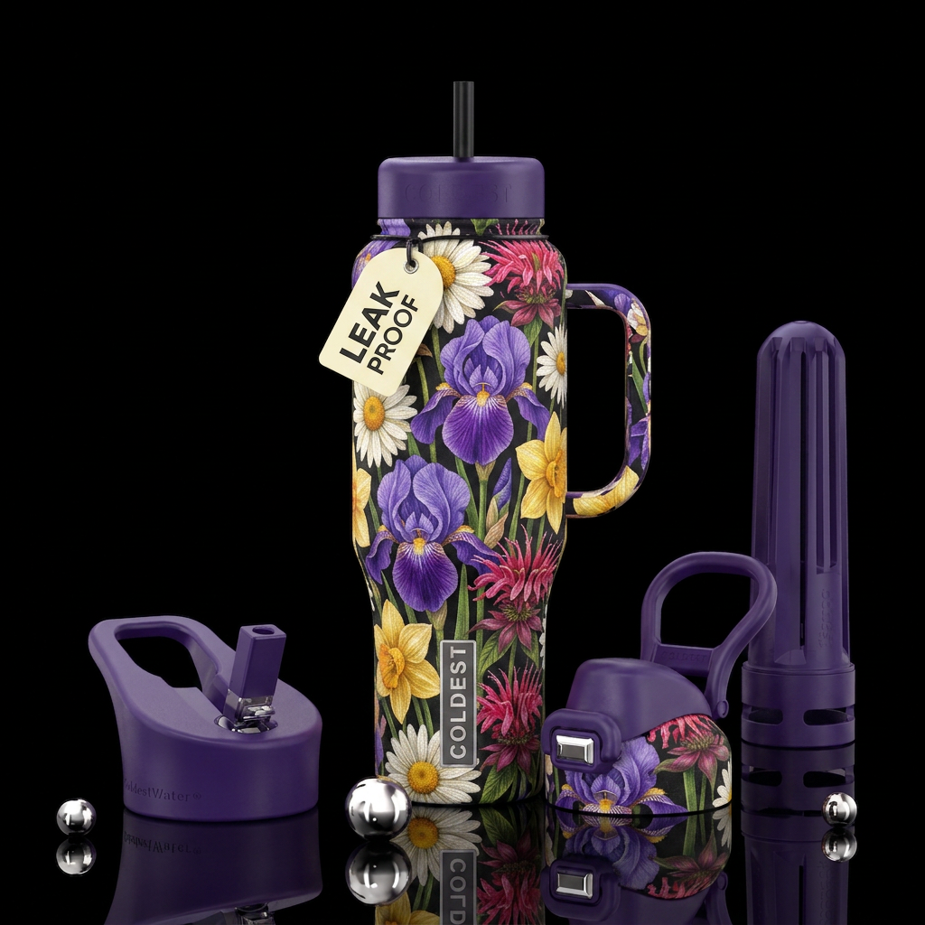 Purple iris, daisies, daffodils, bee balm water bottle design