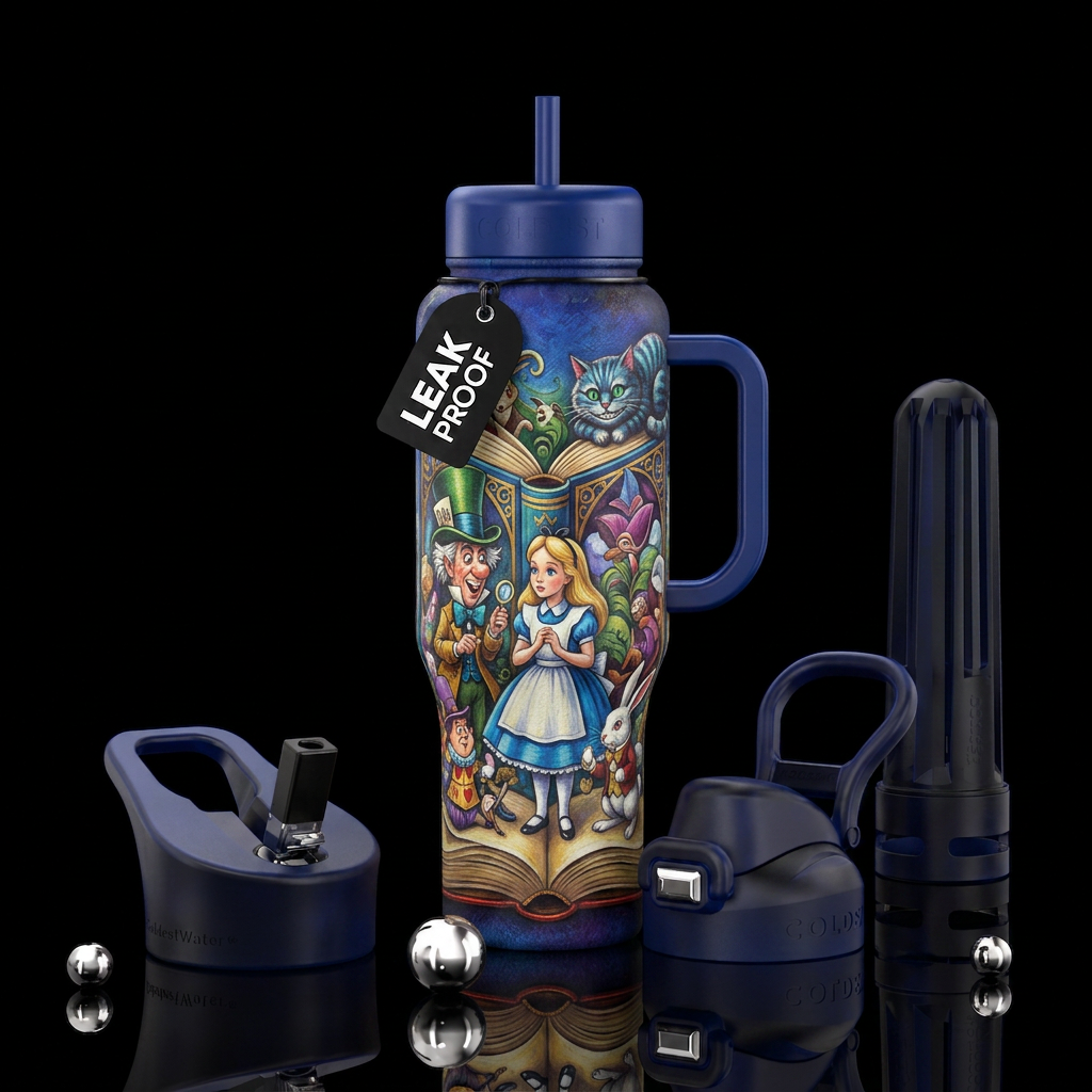 Alice in Wonderland characters and open book water bottle design