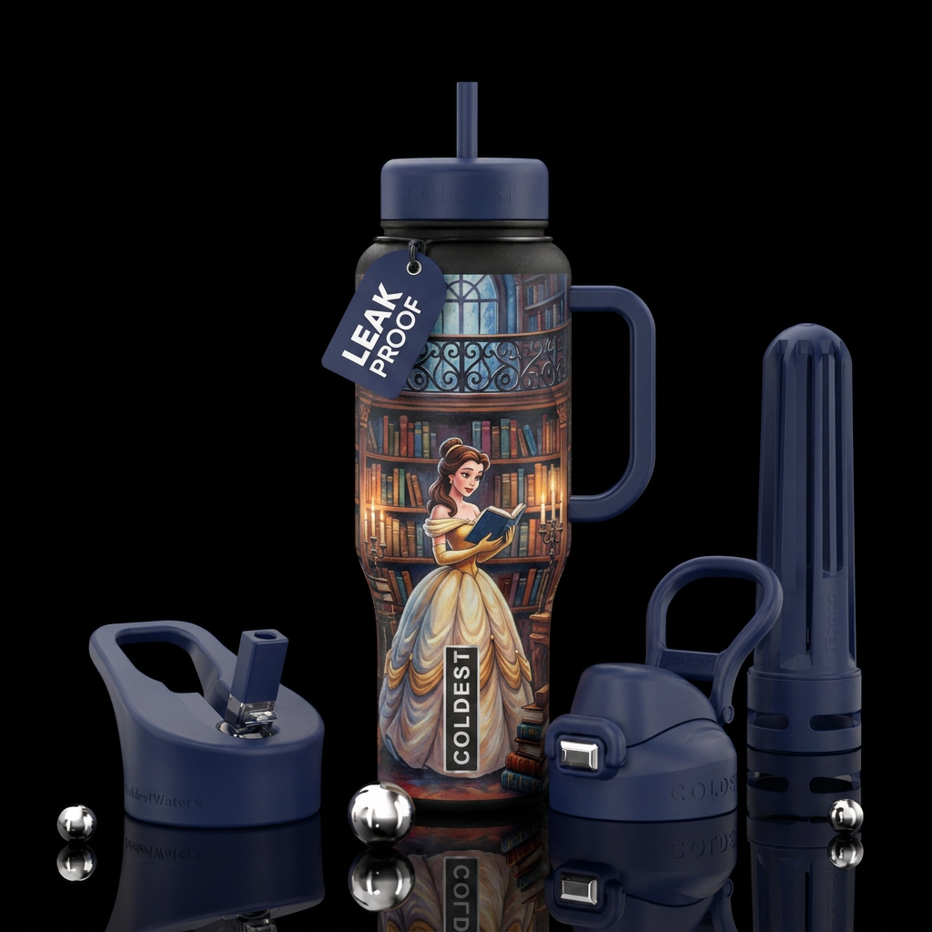 Belle in beauty and the beast library water bottle design