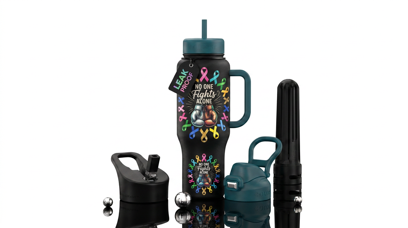 “No one fights alone” surrounded by awareness ribb... water bottle design