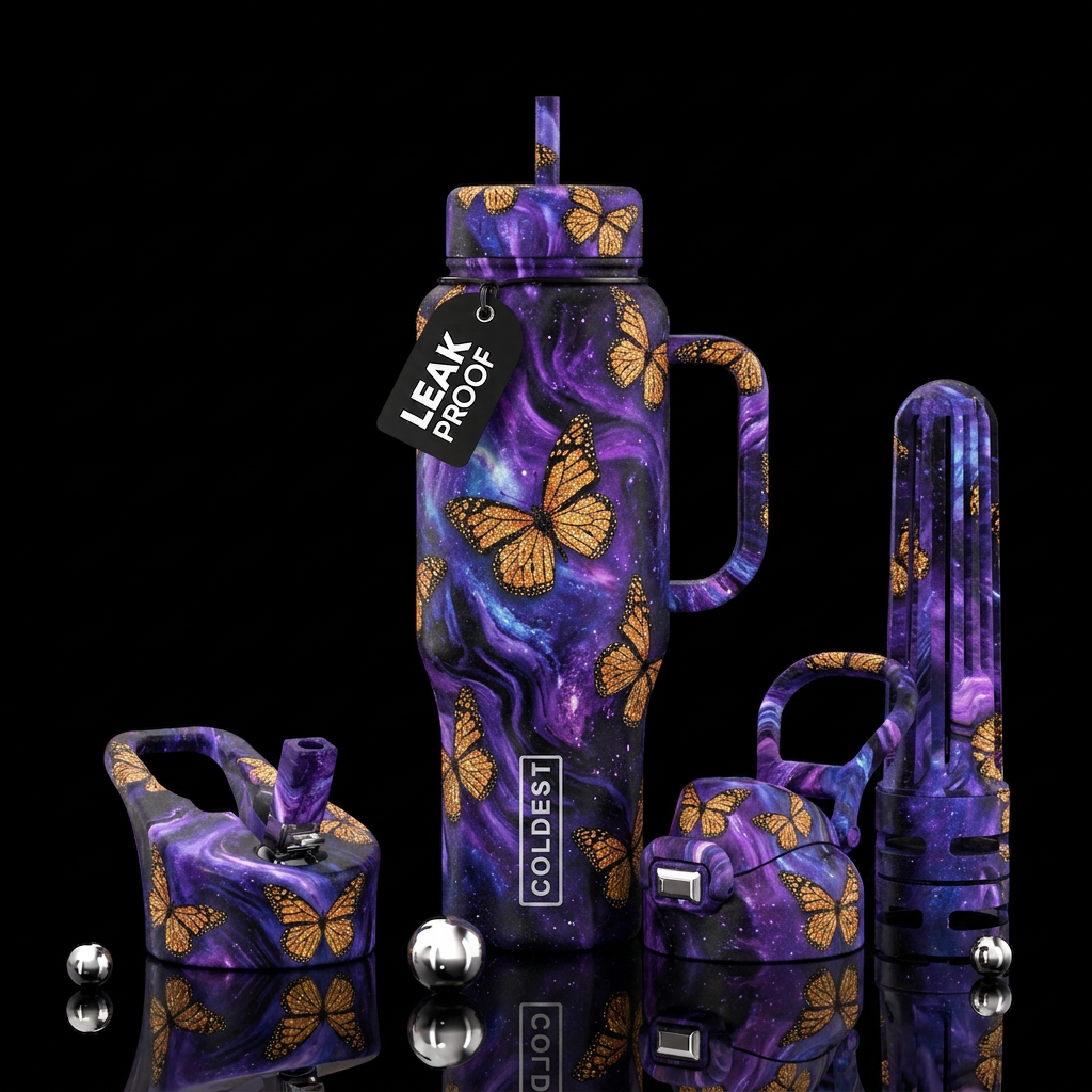 Glittery monarch butterflies on deep purple blue b... water bottle design