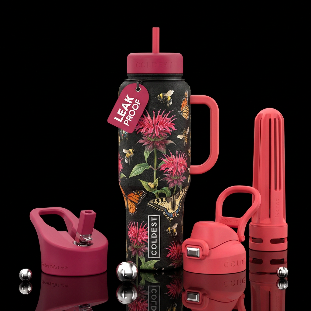 Bee balm with bees and butterflies water bottle design