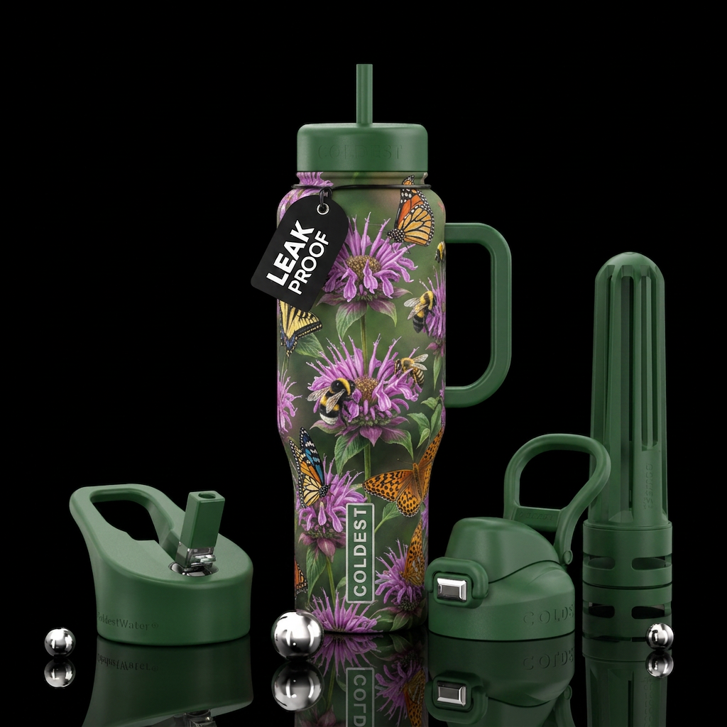 Bee balm with bees and butterflies water bottle design