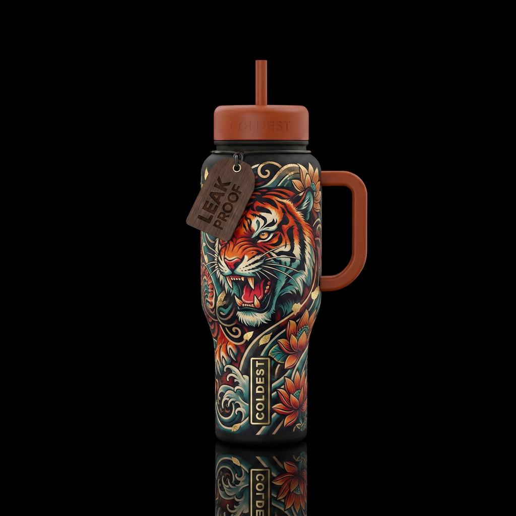 Tattoo tiger water bottle design