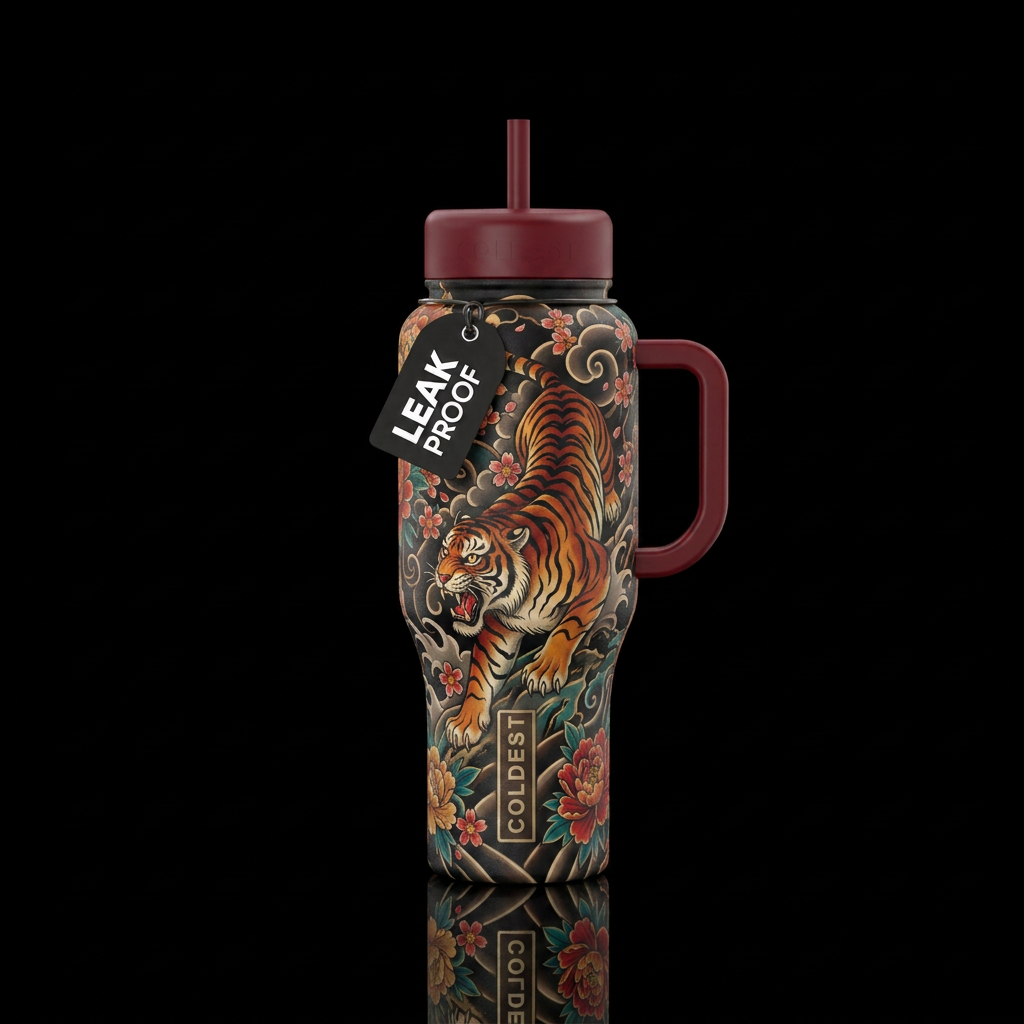 Tattoo tiger water bottle design