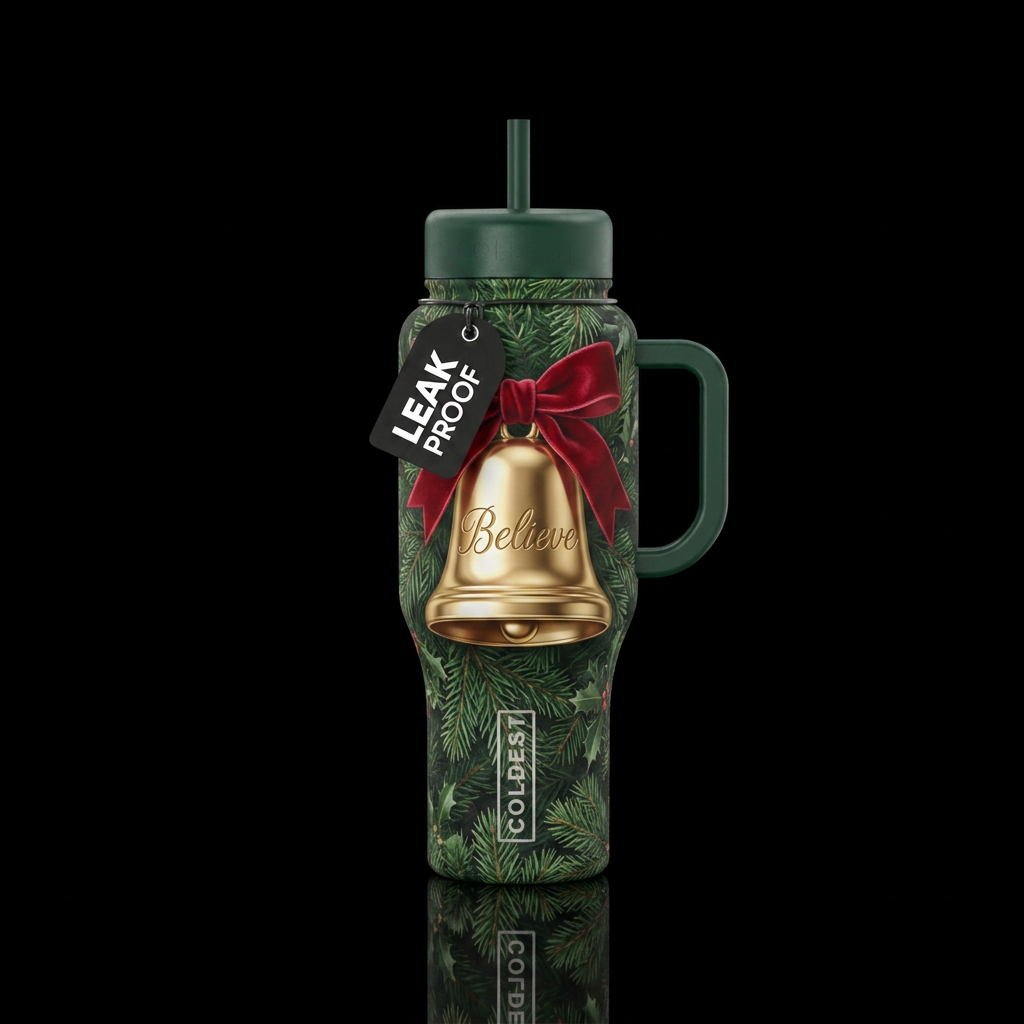 “Believe” etched in script on a gold bell with red... water bottle design