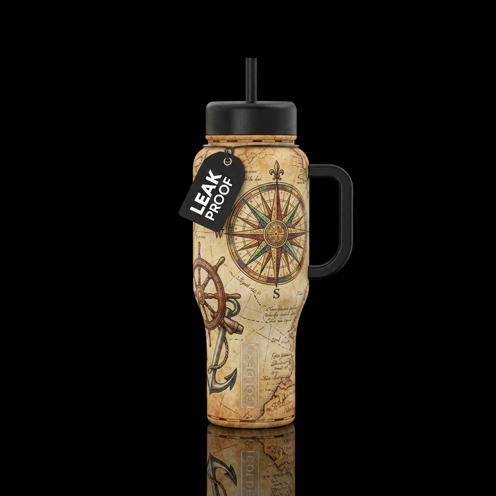 Integrated compass rose, ships wheel, and anchor o... water bottle design