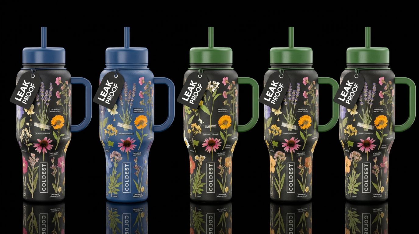 Pressed dried flowers with botanical names water bottle design