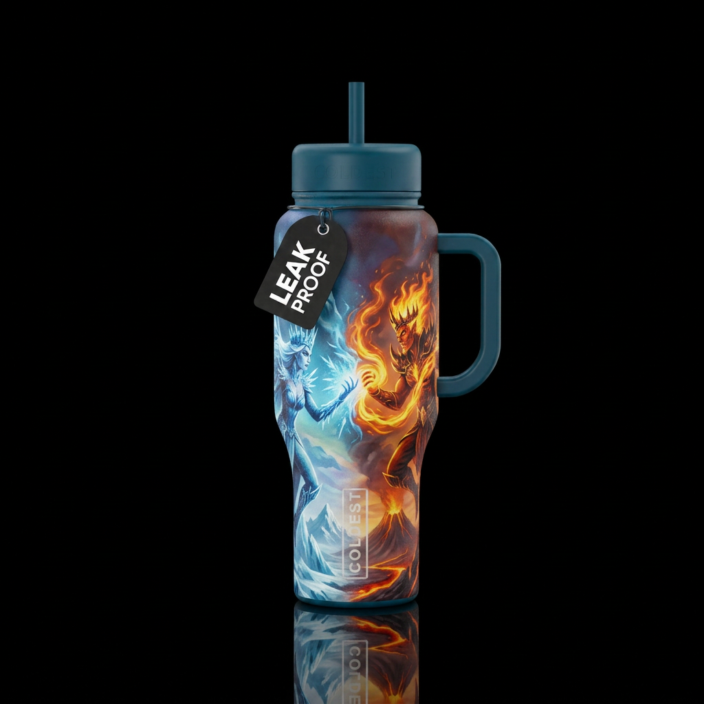 Mythic Ice Queen and Fire King water bottle design
