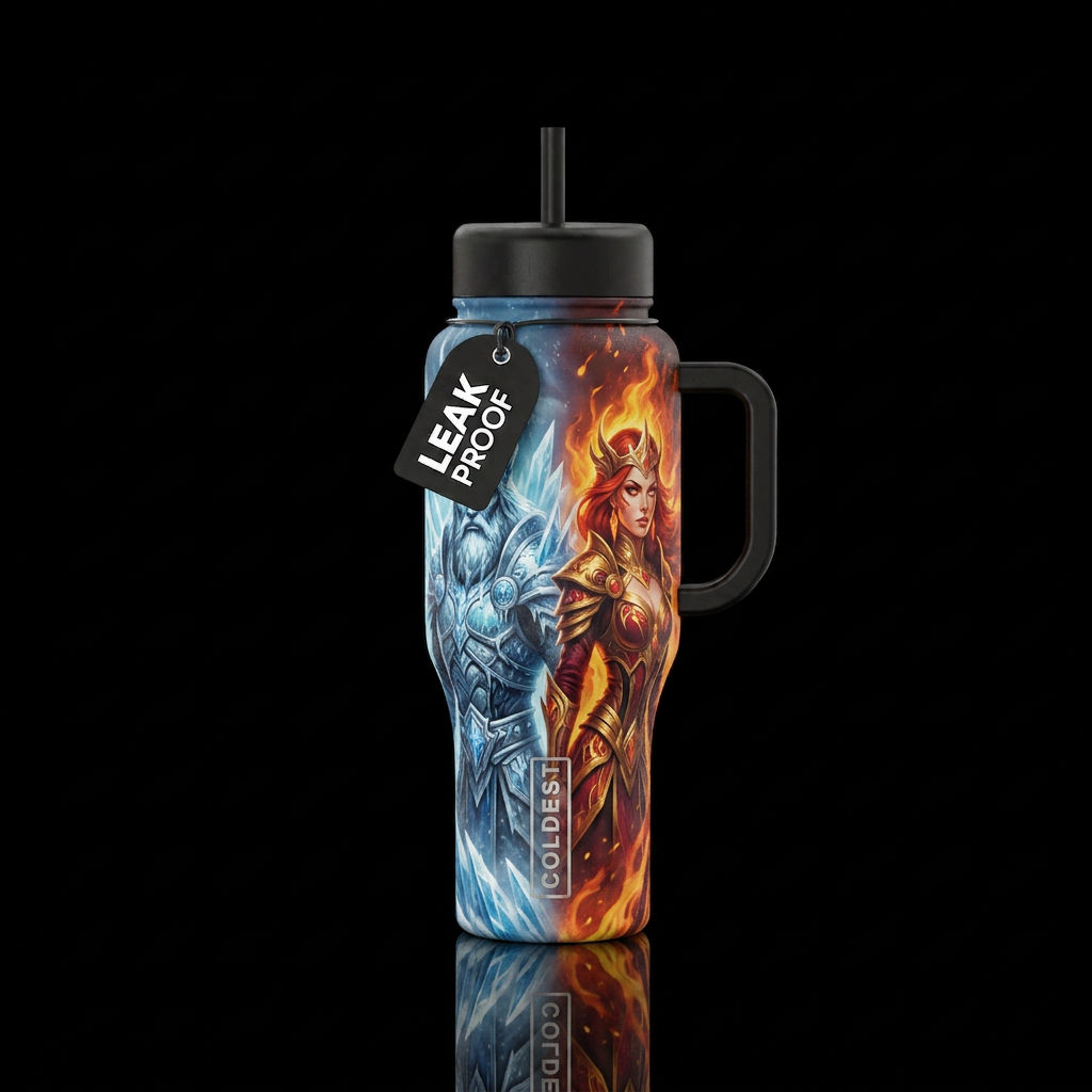 Mythic Ice King and Fire Queen water bottle design