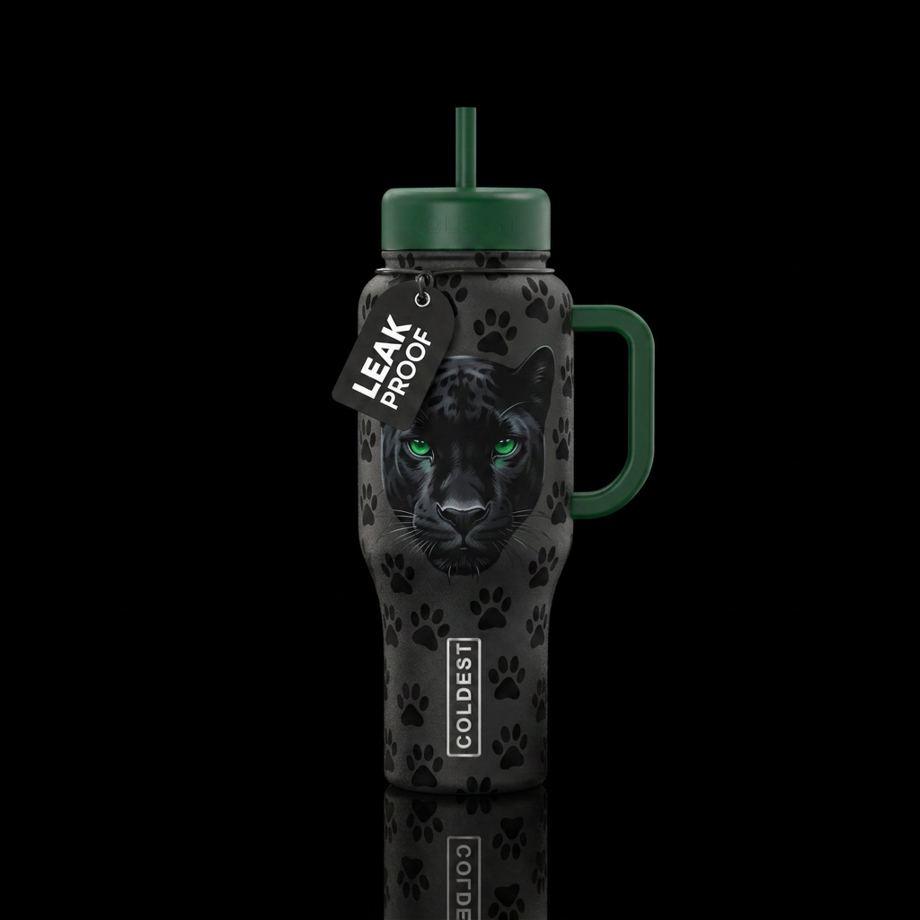Black panther on background of black panther paws.... water bottle design