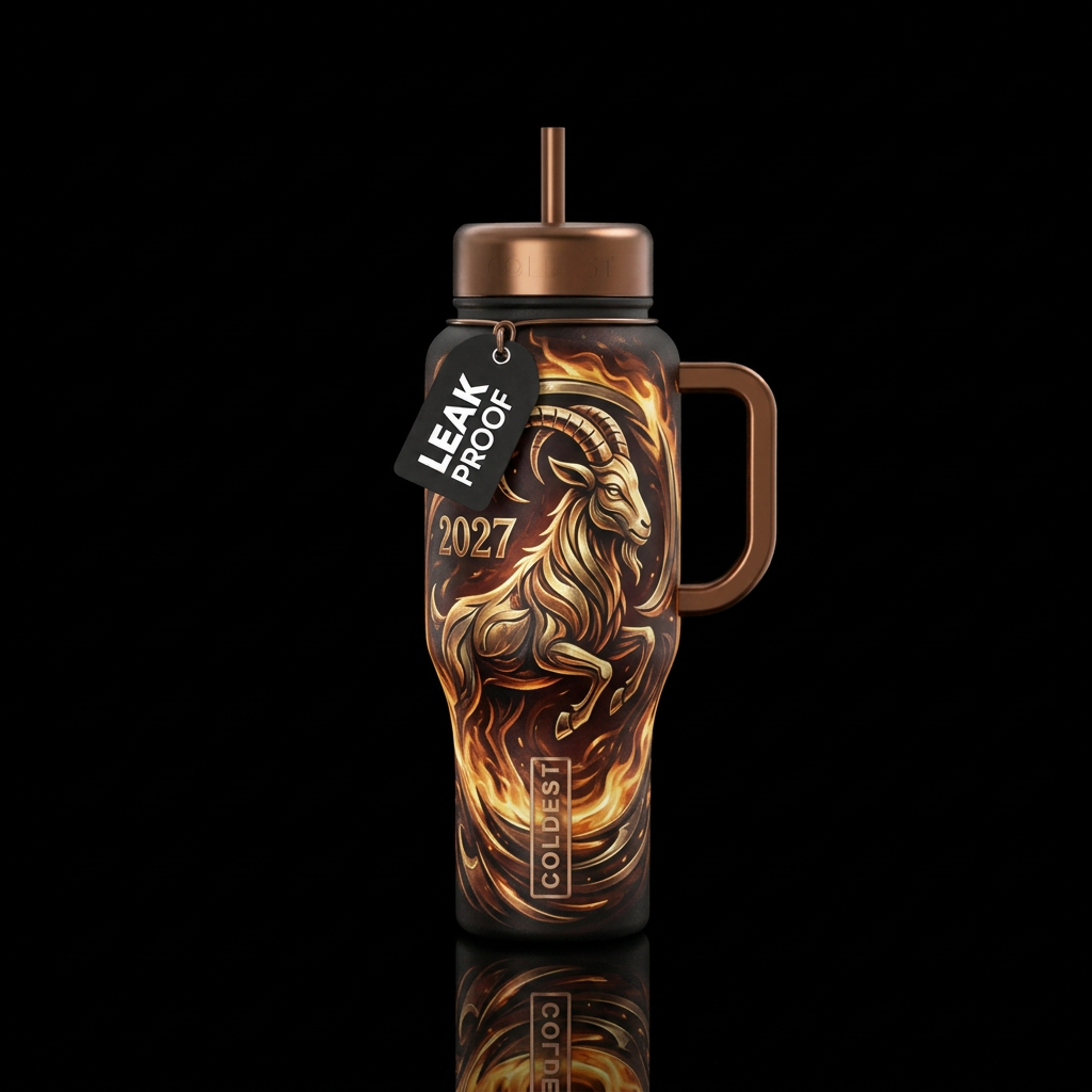 Metallic Fire goat 2027 with dark background water bottle design
