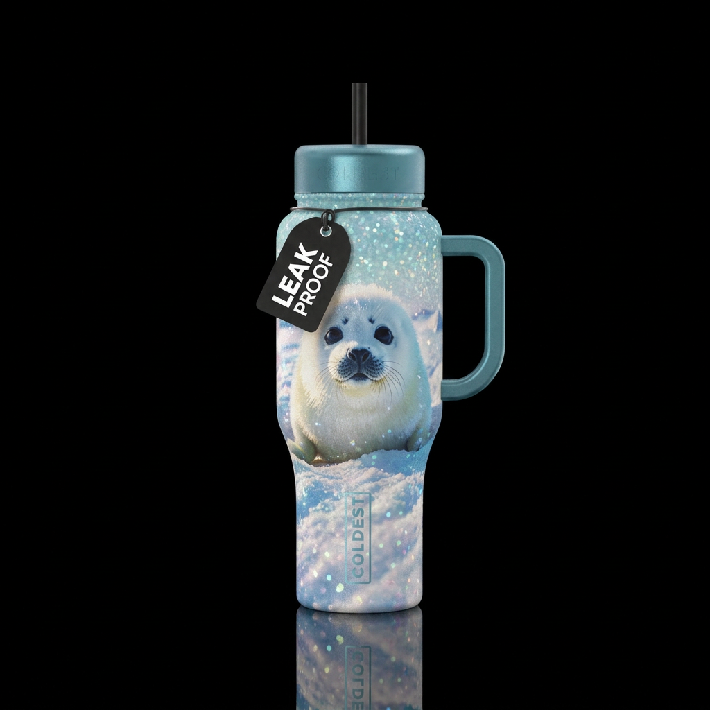 Snow seal pup with glitter snow background water bottle design