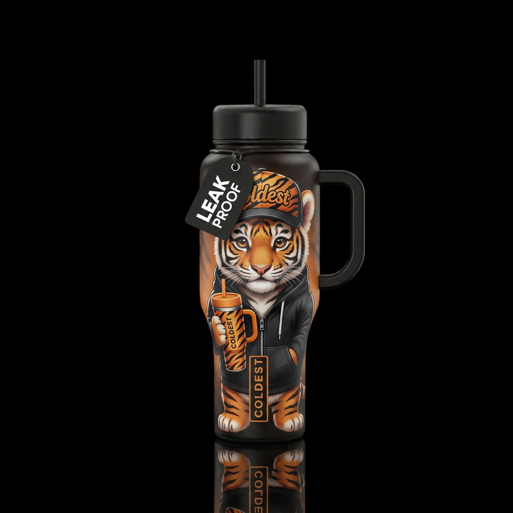 Tiger cub with black zip up hoodie and ball cap wi... water bottle design