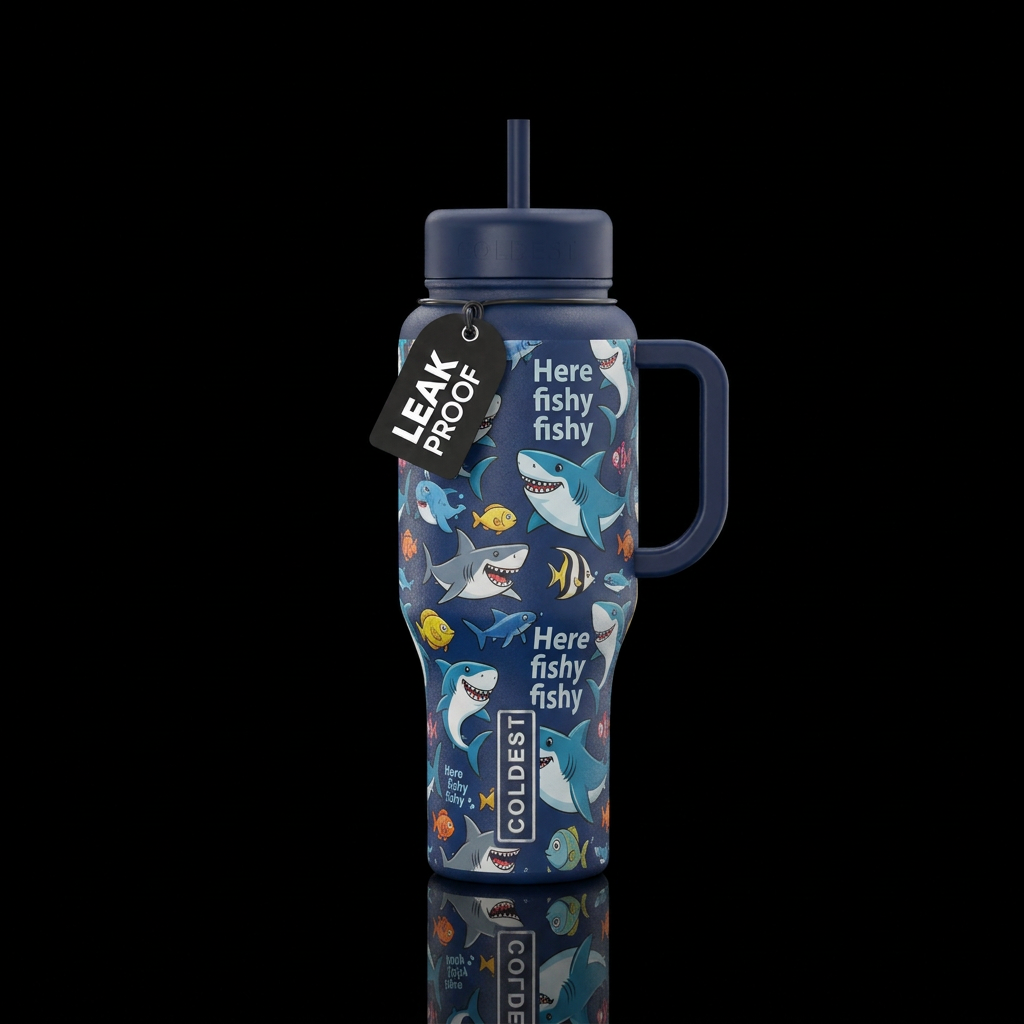 Here fishy fishy sharks water bottle design