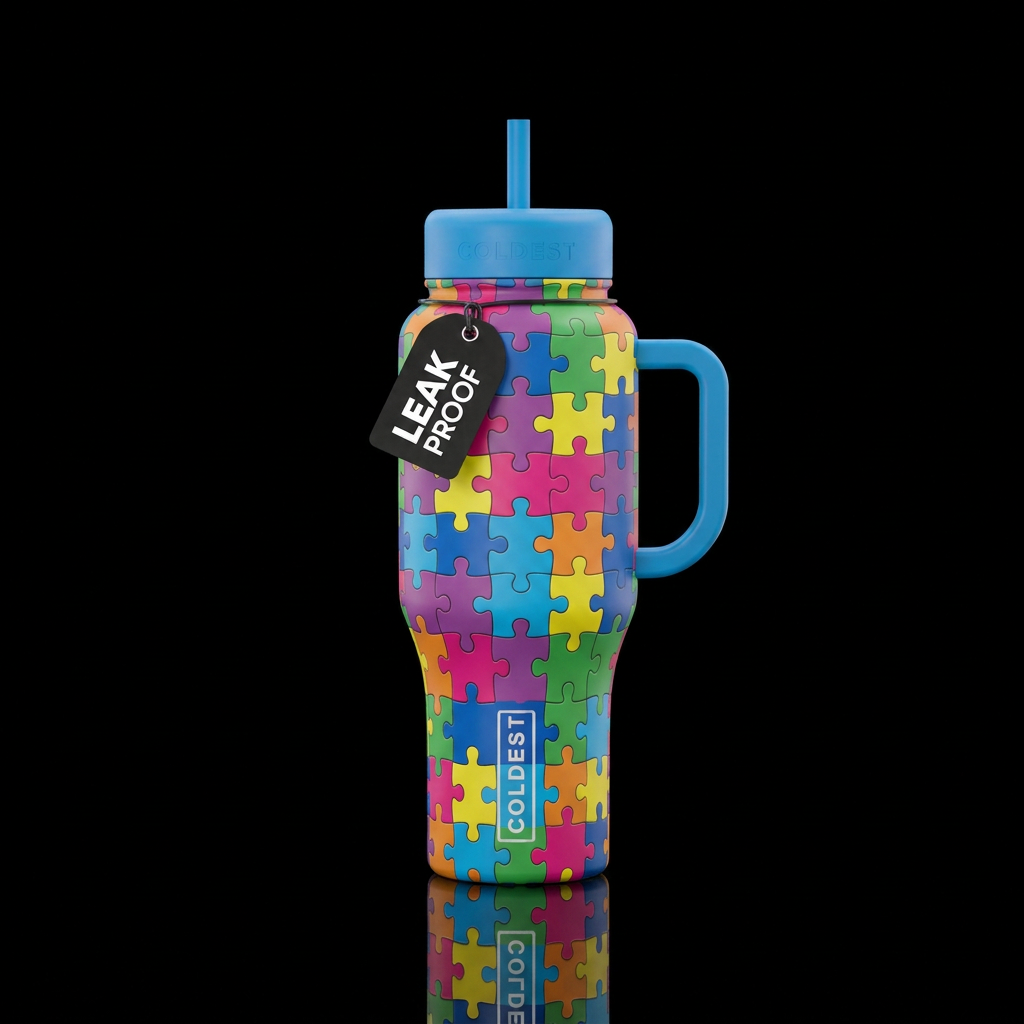 Multi color jigsaw puzzle pieces water bottle design