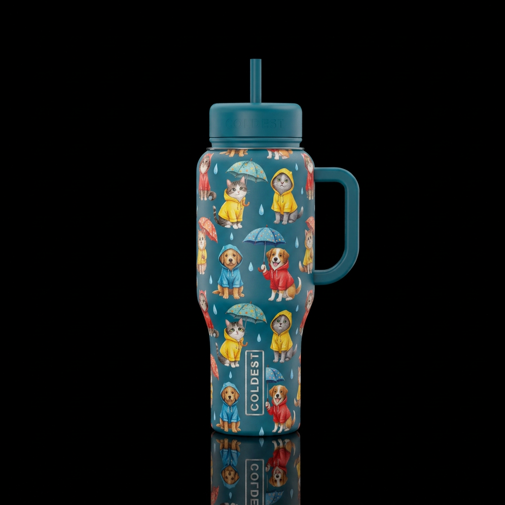 Raining cats and dogs in cute raincoats and umbrel... water bottle design
