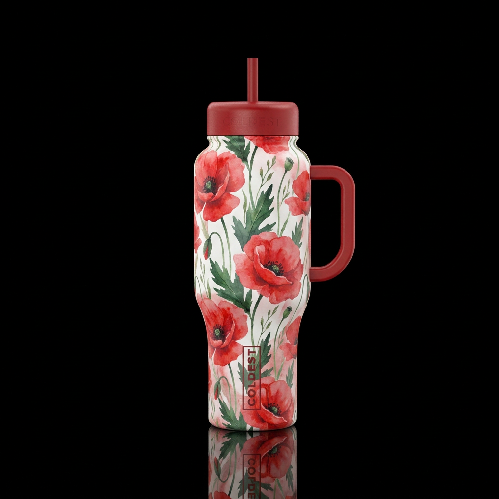 Watercolor poppies water bottle design