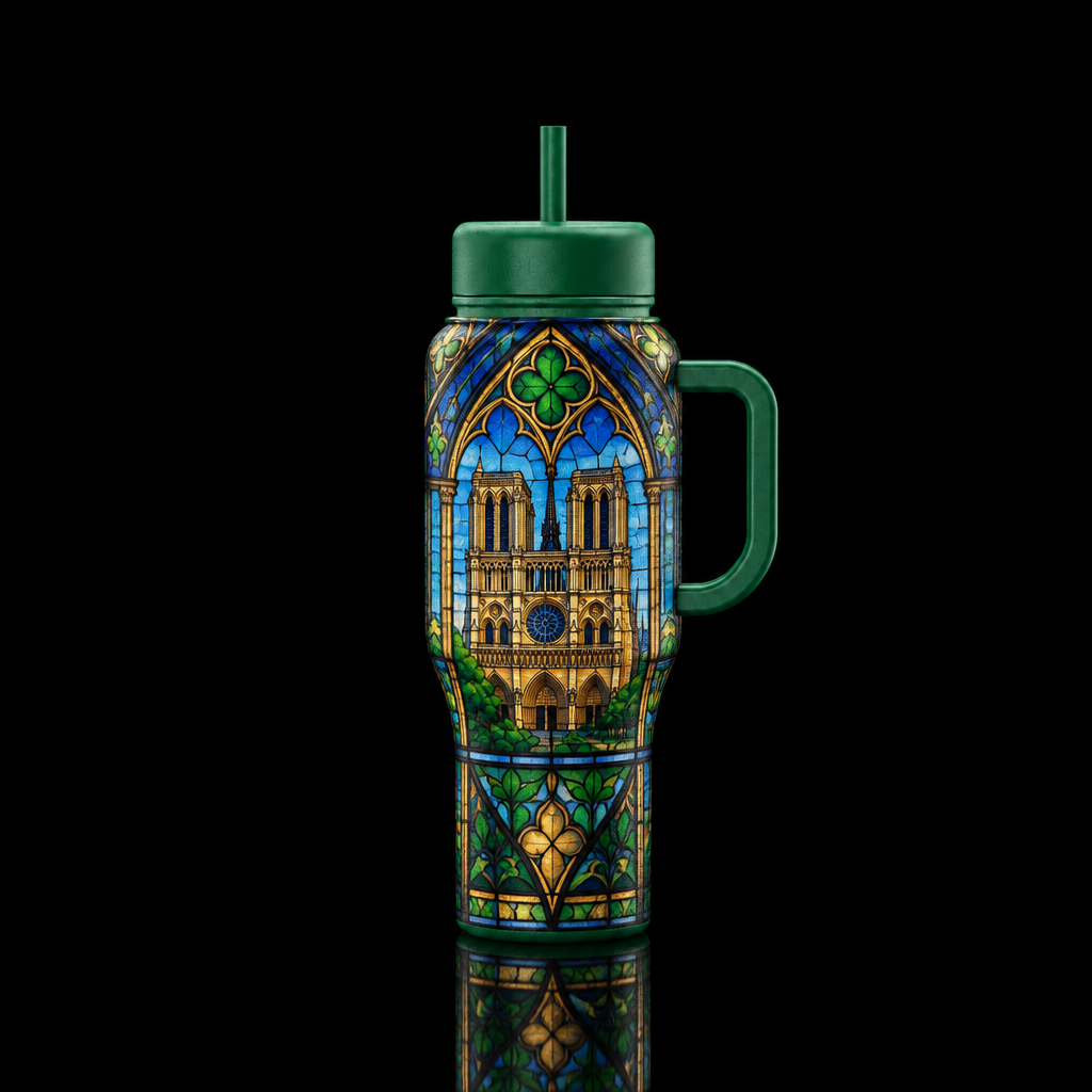 Notre Dame stained glass window with green handle ... water bottle design