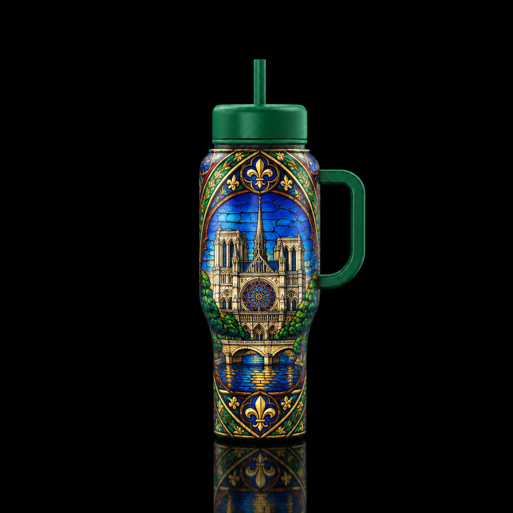 Notre Dame stained glass window with green handle ... water bottle design