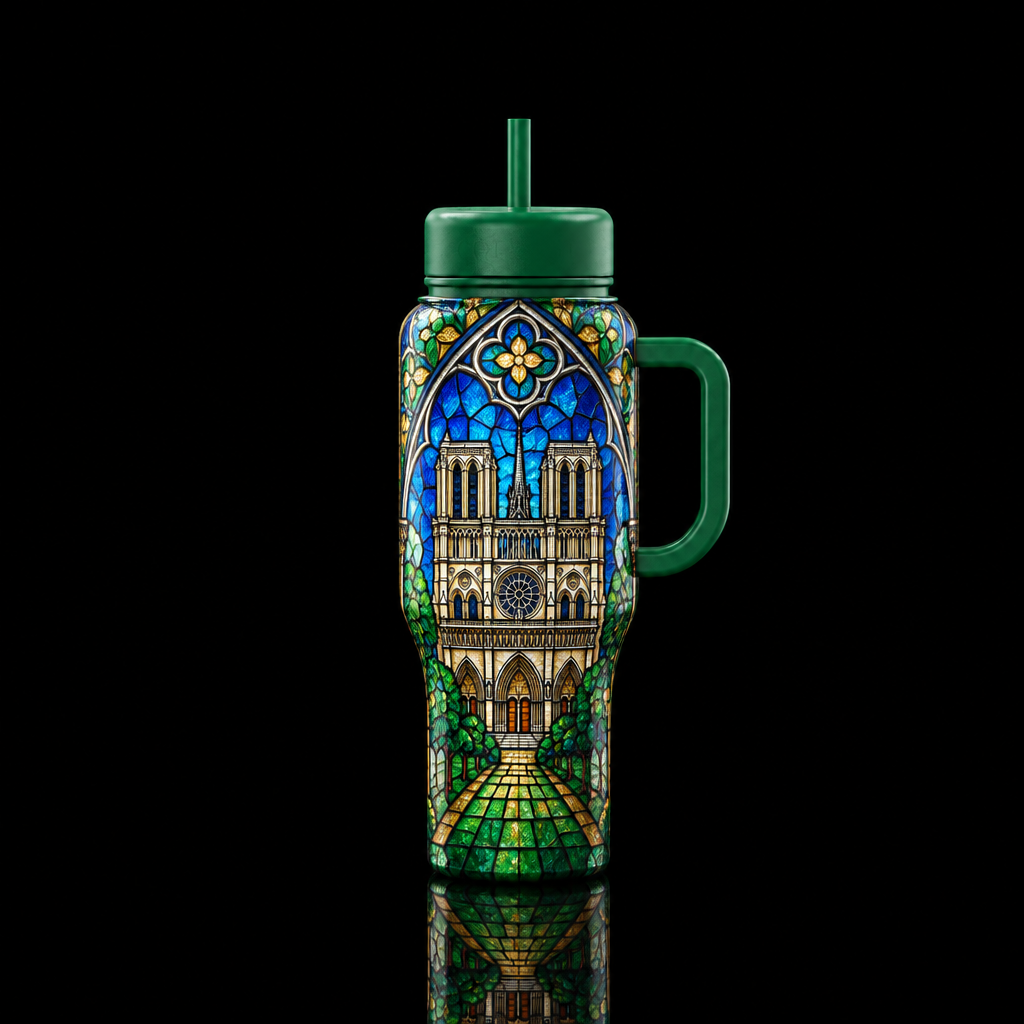 Notre Dame stained glass window with green handle ... water bottle design