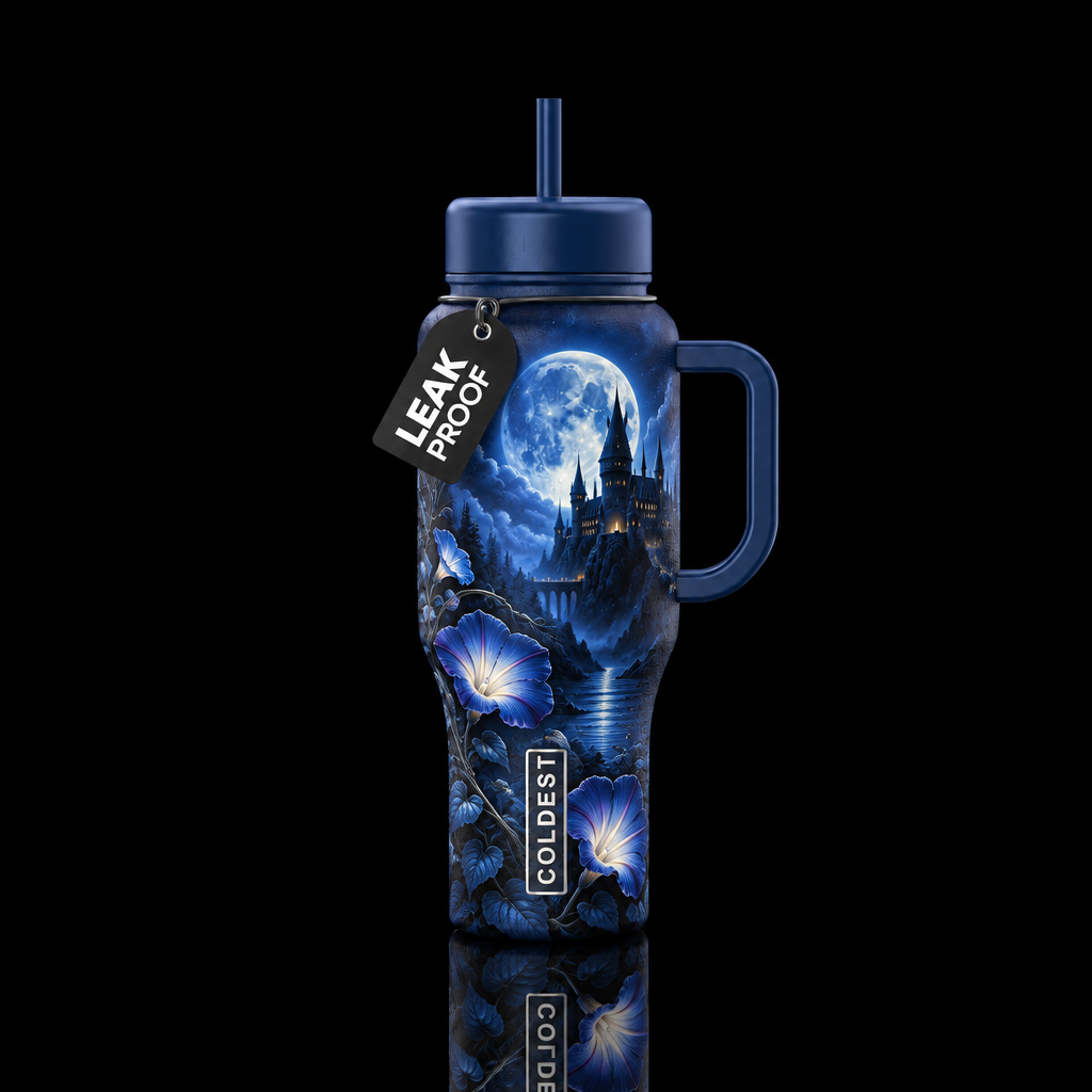 Blue moon , moon flowers, gothic castle water bottle design