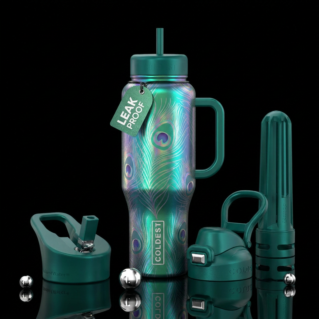 Iridescent peacock pattern on a peacock Green bott... water bottle design