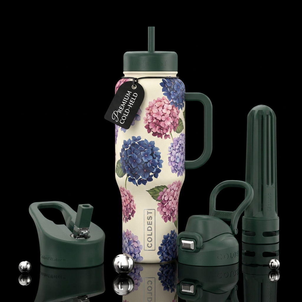 Different color hydrangea flowers on a cream cored... water bottle design