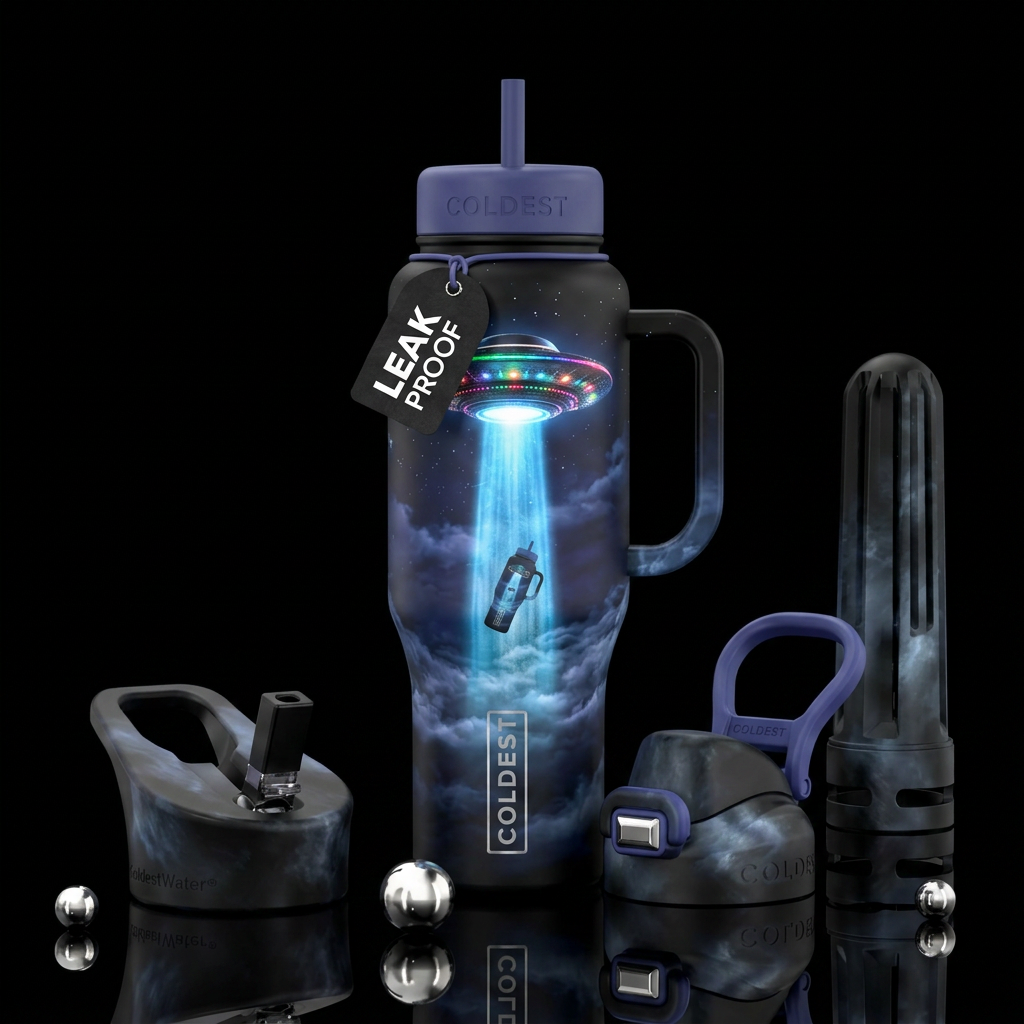 Black bottle with wispy clouds at night time with ... water bottle design